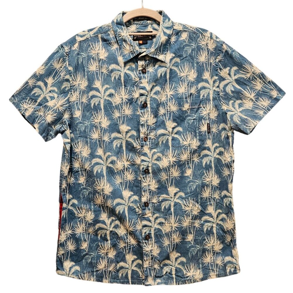 Baja Llama Button Up Shirt Mens M Blue Pocket Palms Trees  vacation breathable
